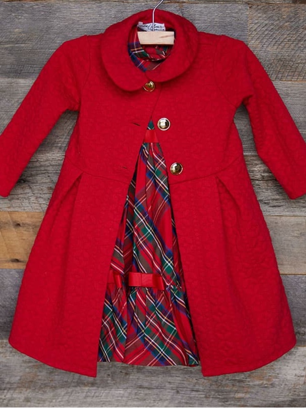 Girls' Red Plaid Trim Formal Dress Coat